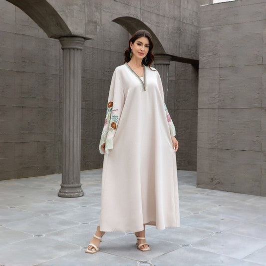 V Neck Embroidered Fringe Muslim Robe