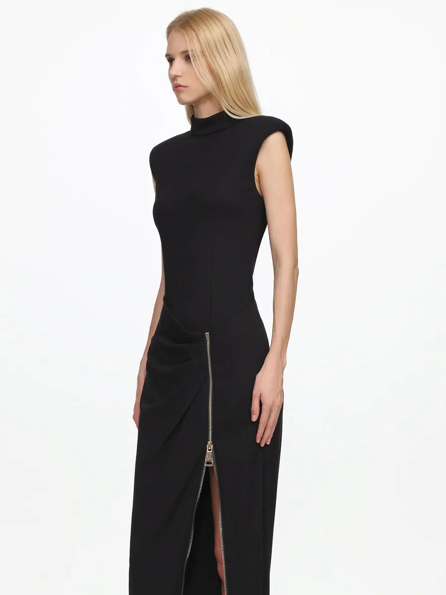 Nora Sleeveless Pleated Zipper High Slit Maxi Dress