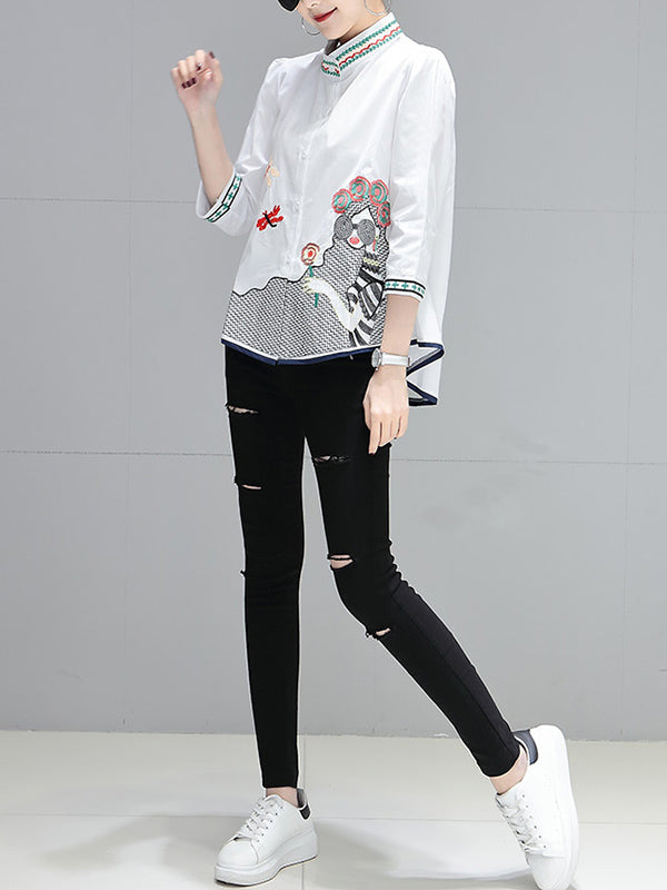 High-Low Loose Contrast Color Embroidered Printed Blouses&Shirts Tops