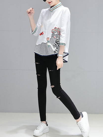 High-Low Loose Contrast Color Embroidered Printed Blouses&Shirts Tops