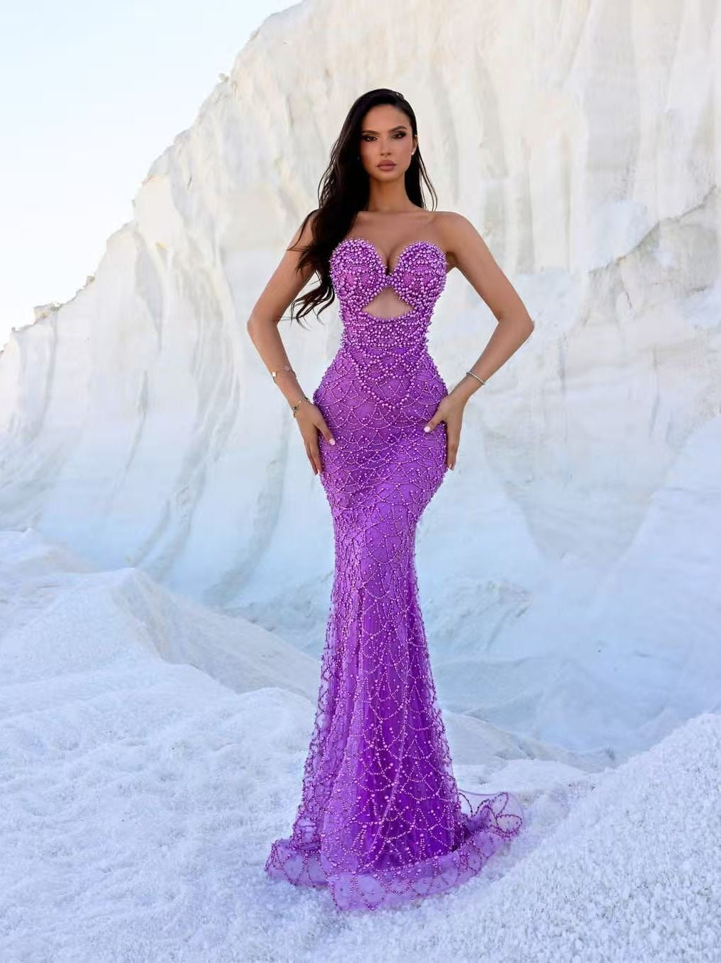 Lavender Beaded Strapless Mermaid Dress