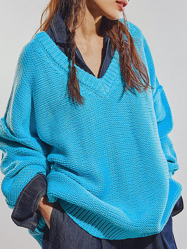 Long Sleeves Loose Solid Color Velvet V-Neck Pullovers Sweater Tops
