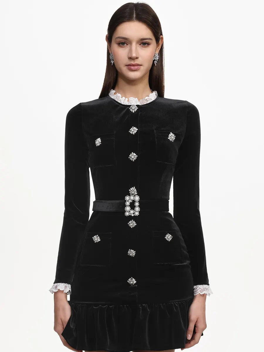 Harper Classic Long Sleeve Rhinestone Ruffle Velvet Mini Dress