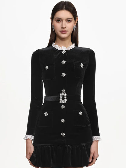 Harper Classic Long Sleeve Rhinestone Ruffle Velvet Mini Dress