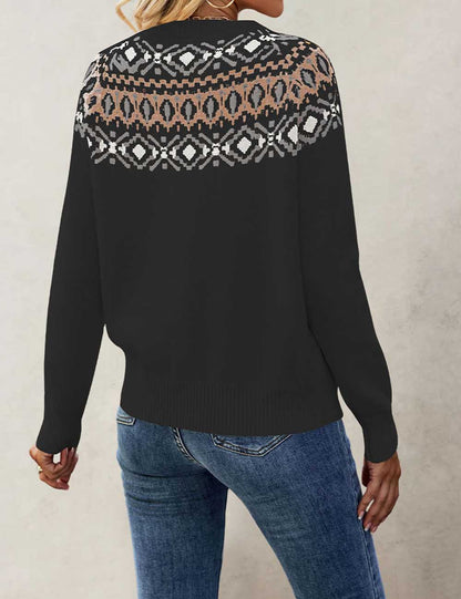 Vintage Jacquard Round Neck Pullover Knit Sweater