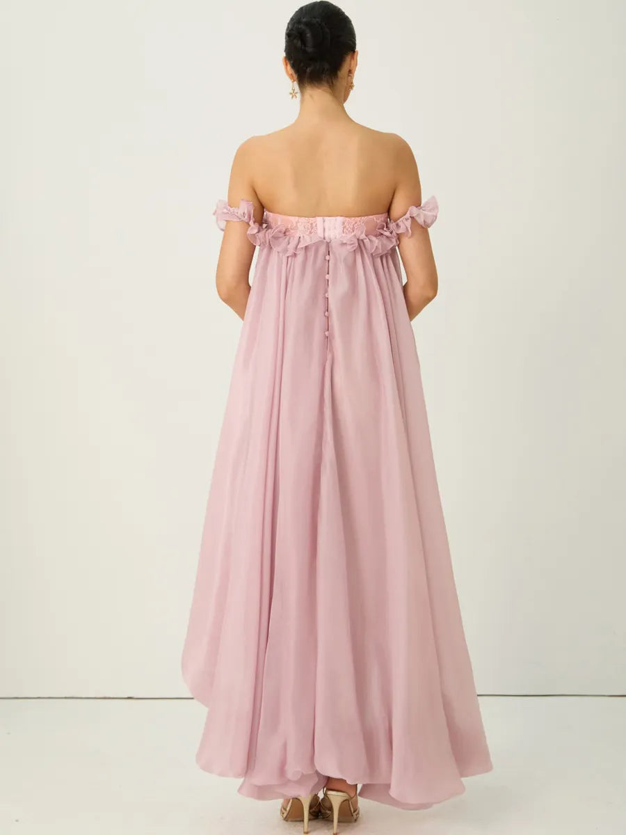 Calliope Pink Off Shoulder High Low Ruffle Maxi Dress