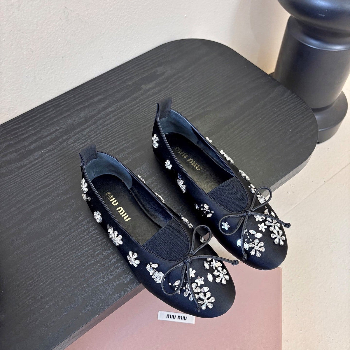 Miu Ballet Flat With Floral Crystal Dark Navy Blue Silk
