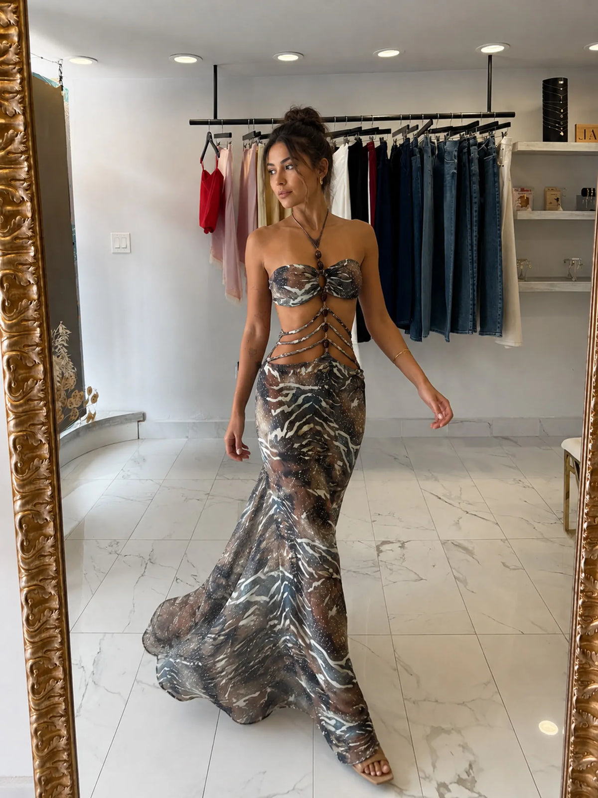 Mila Abstract Print Strapless Maxi Dress