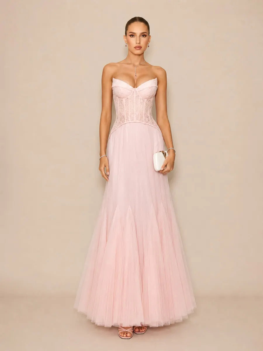 Alaya Romantic Contour Strapless Lace Tulle Maxi Dress