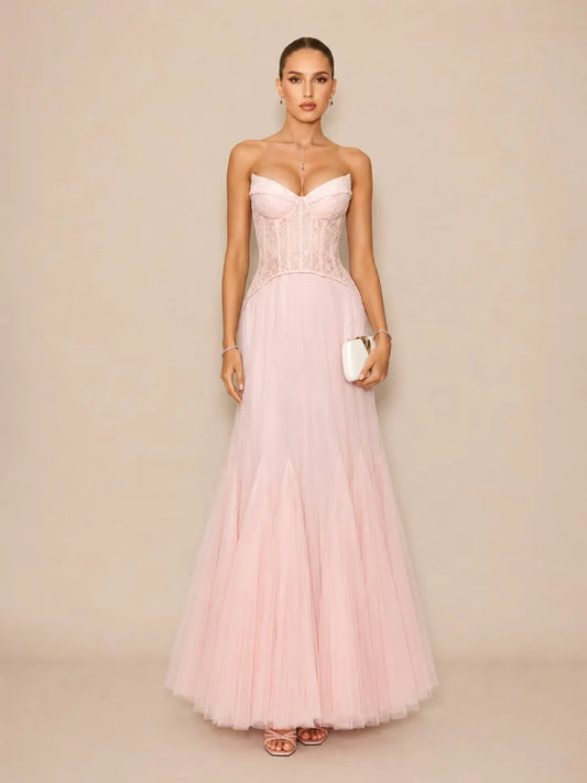 Alaya Romantic Contour Strapless Lace Tulle Maxi Dress