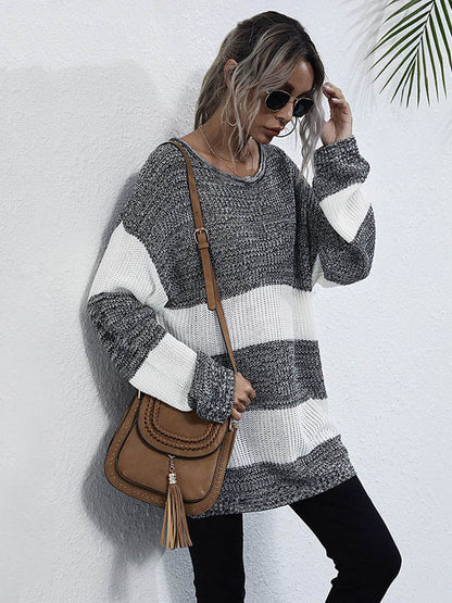 Simple Loose Contrast Color Striped Round-Neck Sweater