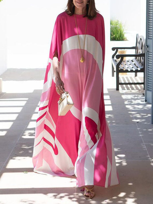 Batwing Sleeves Loose Contrast Color Printed Split-Joint Round-Neck Evening Dresses Maxi Dresses