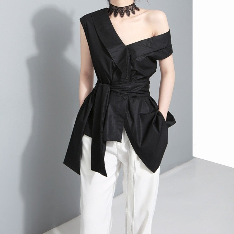 Off Shoulder Sleeveless Shirt Polyester Stand Collar