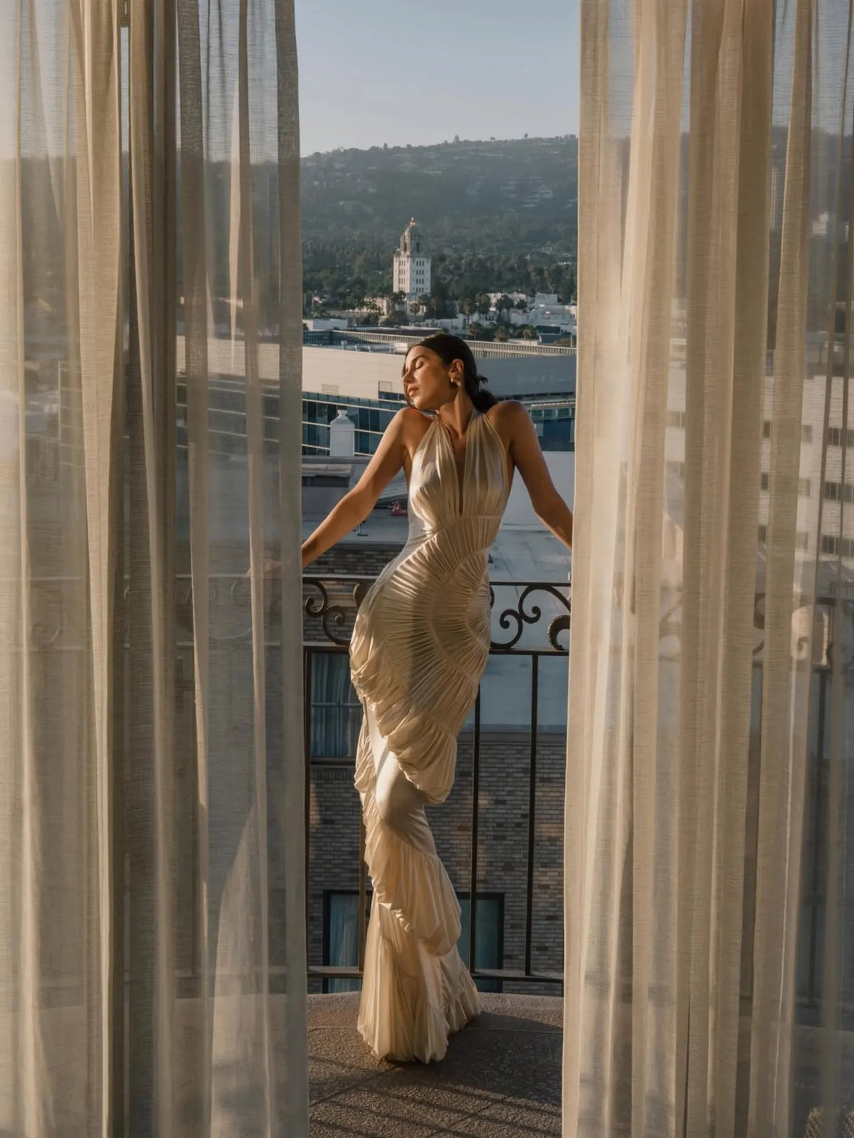 Selene Ruched Halter Satin Maxi Dress in Champagne