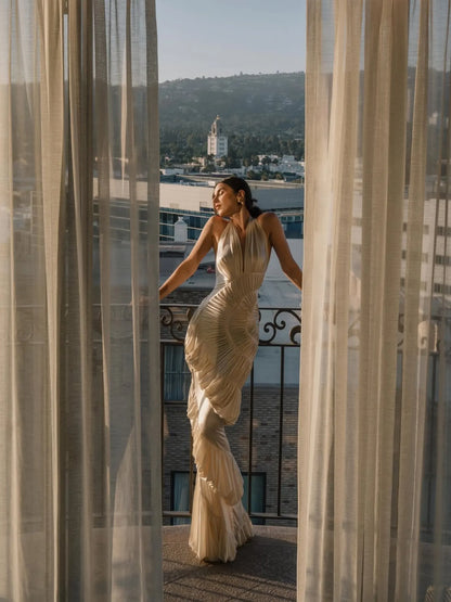 Selene Ruched Halter Satin Maxi Dress in Champagne