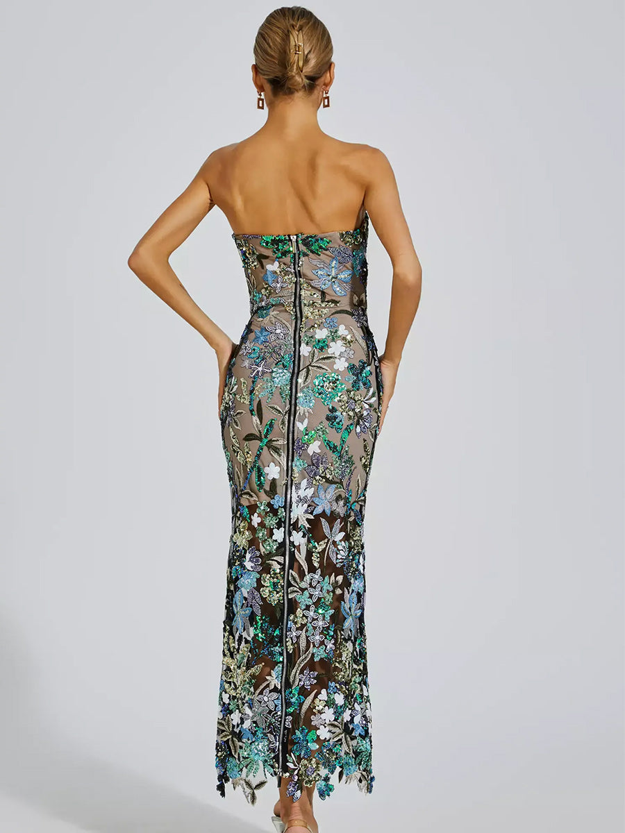 Mila Blue Flower Embroidered Midi Dress