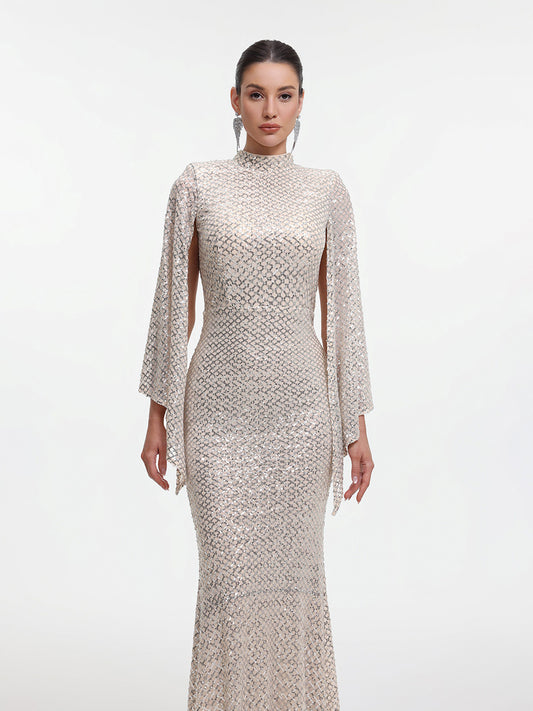 Marcella Contour Cape Sleeve Sequin Maxi Dress