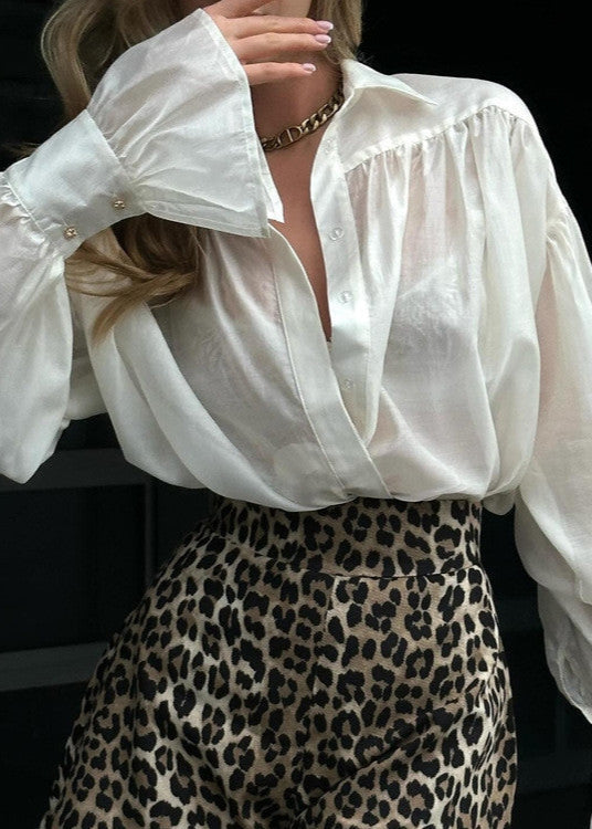 White Volume Sleeve Button Blouse Lightweight Fabric