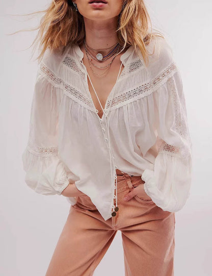 Minimalist Hollow Out Lace Long Sleeve Blouse