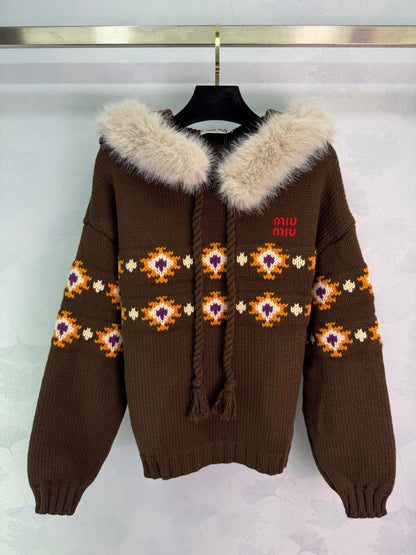 Miu 26s Isle Hooded Sweater Brown Wool 345074