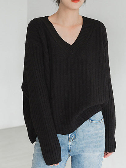 Casual Loose Solid Color V-Neck Sweater Tops