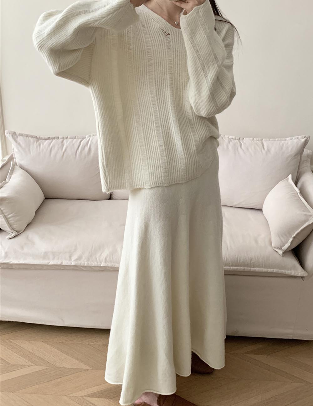 Solid Color Loose Knit Sweater Maxi Skirt Set