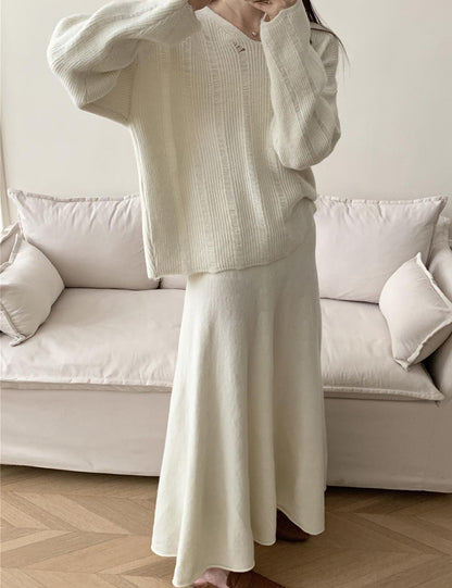 Solid Color Loose Knit Sweater Maxi Skirt Set