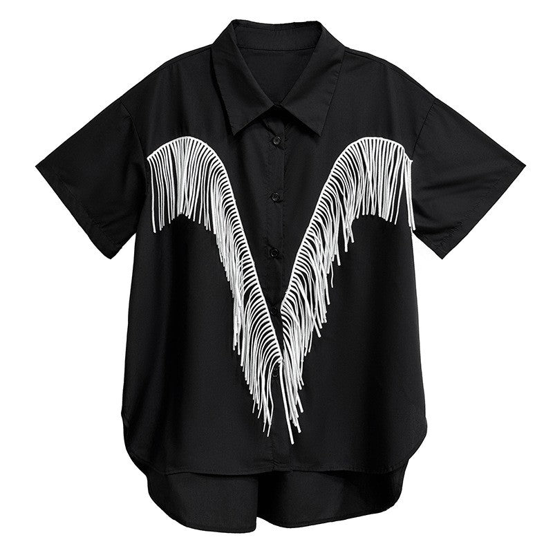 Fringe Spliced Short Sleeve Shirt Loose Retro Design