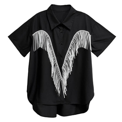 Fringe Spliced Short Sleeve Shirt Loose Retro Design
