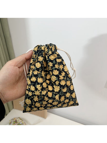 Cosbai - Corduroy Drawstring Pouch &amp; Coin Purse with Floral Patterns