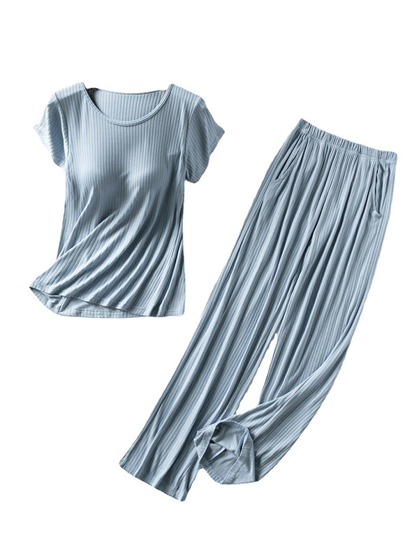Solid Color Short Sleeve T-Shirts&Pants Pajamas Sets