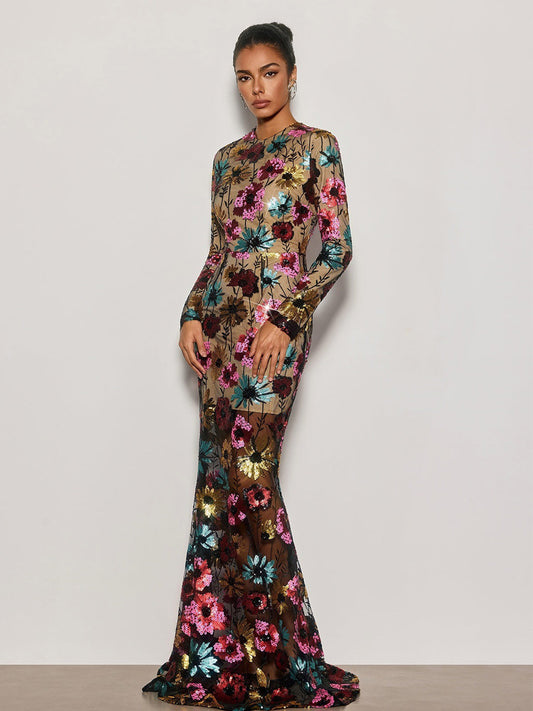 Lucy Long Sleeve Floral Sequin Maxi Dress