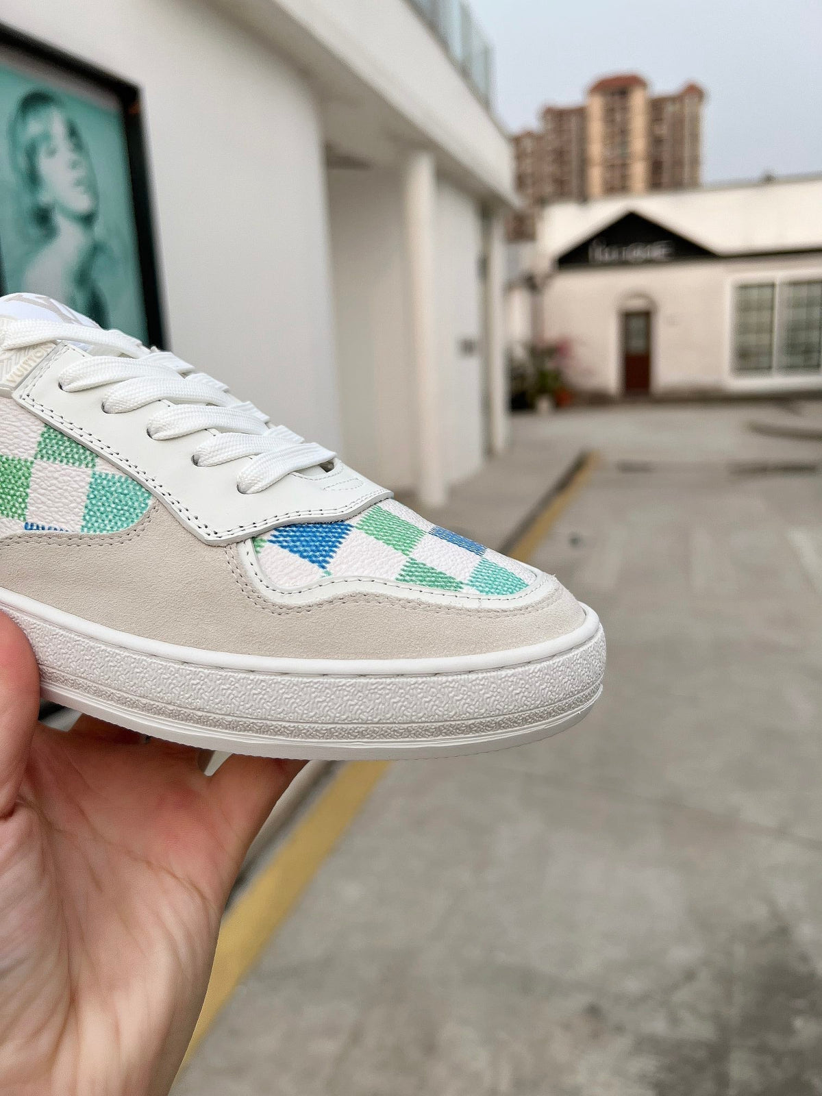 LV Groovy Sneaker White Blue Green Damier Canvas Suede 597683