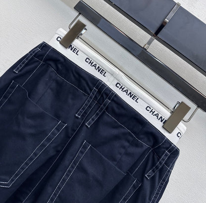 CC Drawstring Webbing Trousers Dark Navy Cotton Tencel 350184