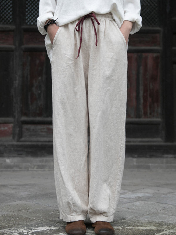 Simple Ramie Cotton Elasticity Waist Loose Knickerbockers&Capri-Pants
