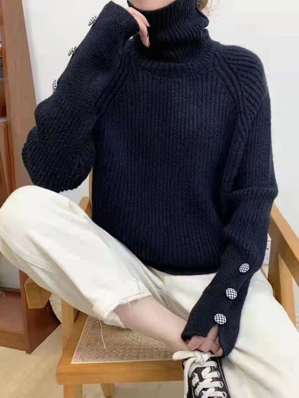 Casual Loose Long Sleeves Solid Color High-Neck Sweater Tops