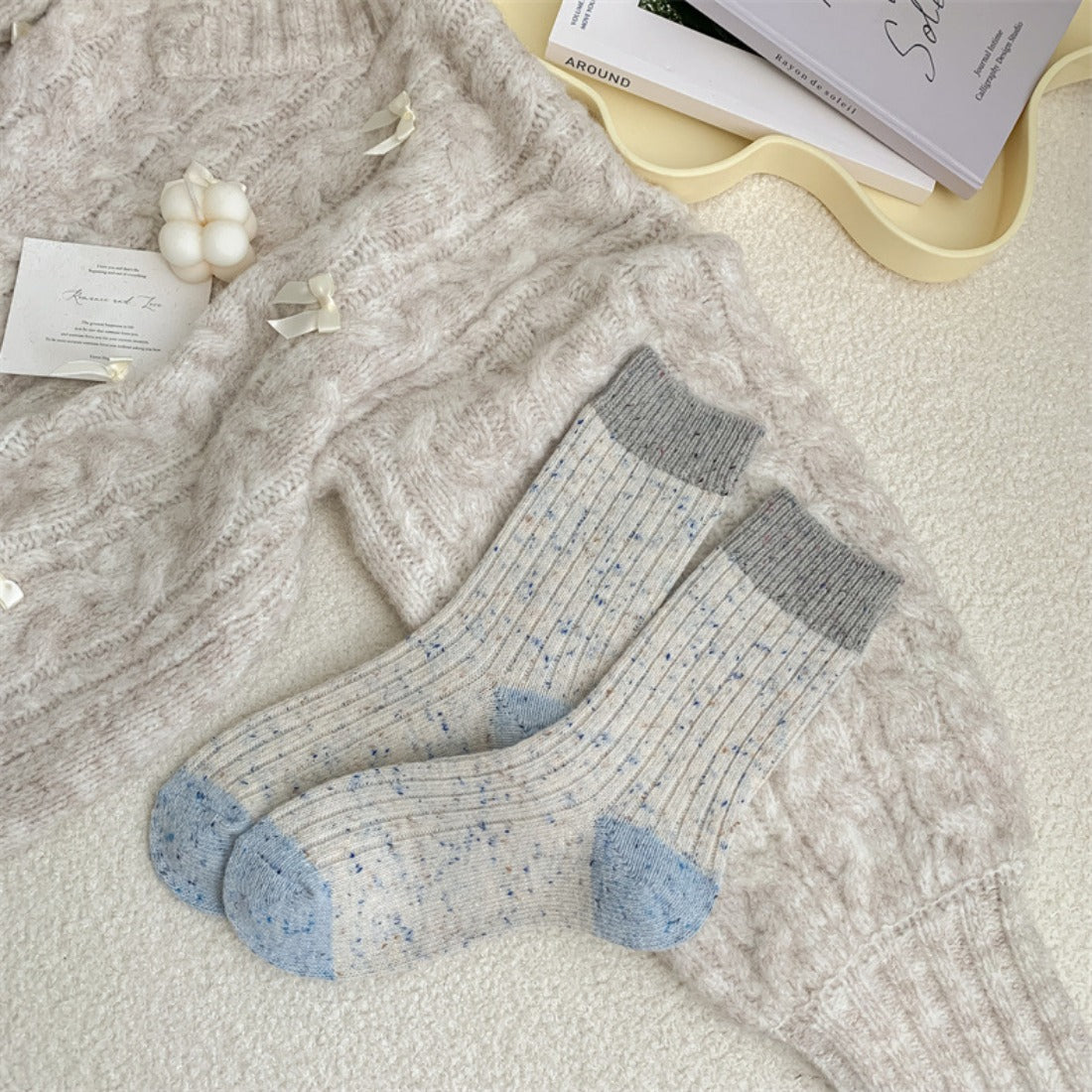 Rufia - Color Block Polka Dot Thermal Mid-Calf Socks