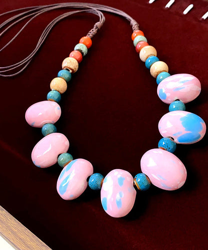 Art Pink Handmade Weaving Beading Ceramic Gratuated Bead Necklace