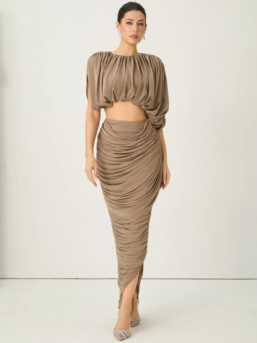 Lena Cropped Draped Top & Ruched Skirt Set
