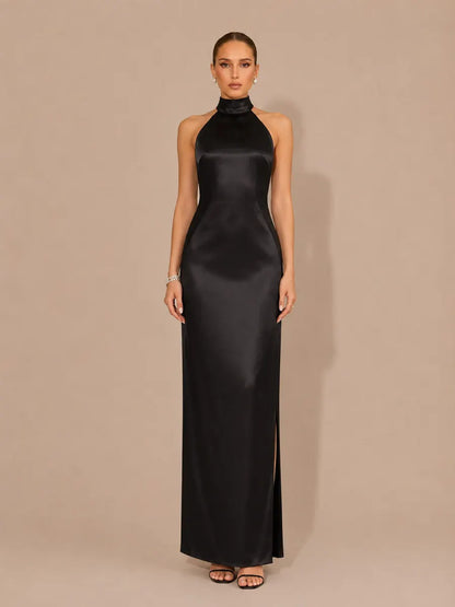 Selene Halter-Neck Beaded-Back Maxi Dress