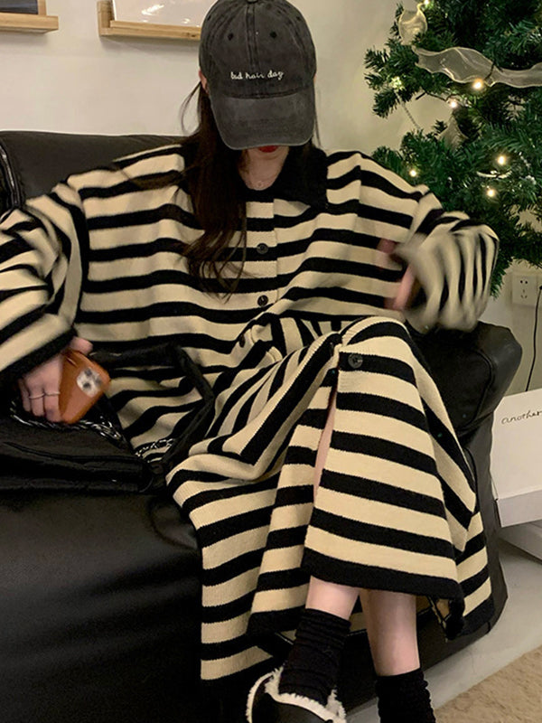 Urban Long Sleeves Loose Striped Polo Sweater Dresses