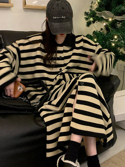 Urban Long Sleeves Loose Striped Polo Sweater Dresses