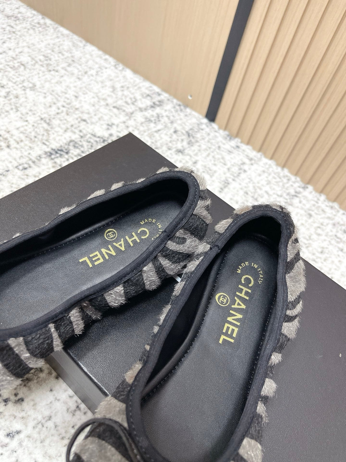 Chanel 26 Tiger Print Gray Black Ballet Flat in Sheepskin Wool 591375