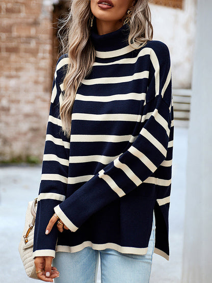 Loose Wrap Contrast Color Split-Side Striped High-Neck Sweater Tops