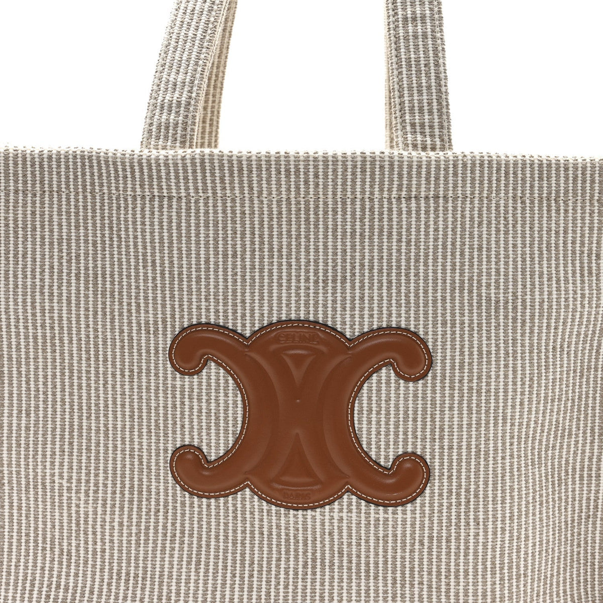 Canvas Calfskin Striped Triomphe Large Cabas Beige