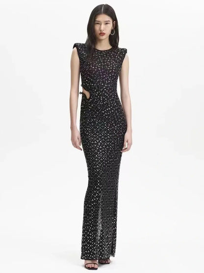 Milena Mesh Cutout Rhinestone Maxi Dress