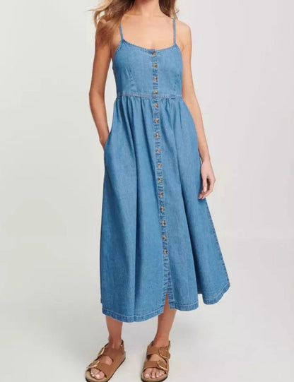 Denim Simple Button Spaghetti Midi Dress