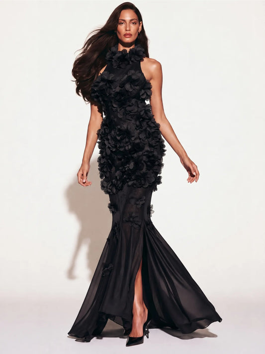 Lila 3D Floral Detail High-Slit Maxi Dress In Black