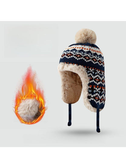 Haila - Jacquard Patterned Fleece-Lined Knitted Beanie with Earflaps