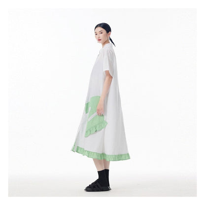 Color Block Polo Collar Flounce Sleeveless A-Line Dress